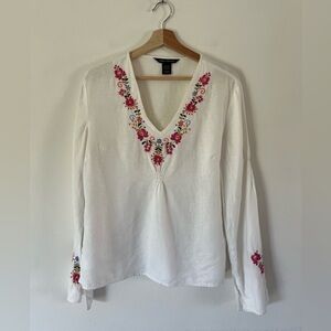 Anne Carson White Long Sleeve Linen Floral Embroidered V-Neck Top‎ Size Large